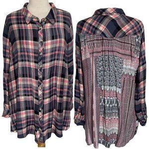 Tolani Collection XL 100% viscose pink & gray plaid front Boho print back shirt